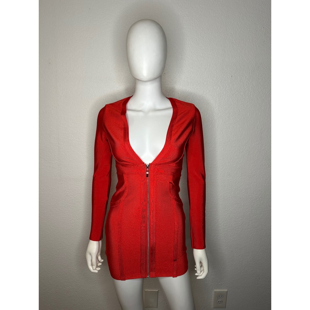 Superdown Red Bandage Mini Dress Long Sleeve Zip Front Plunging V-Neck